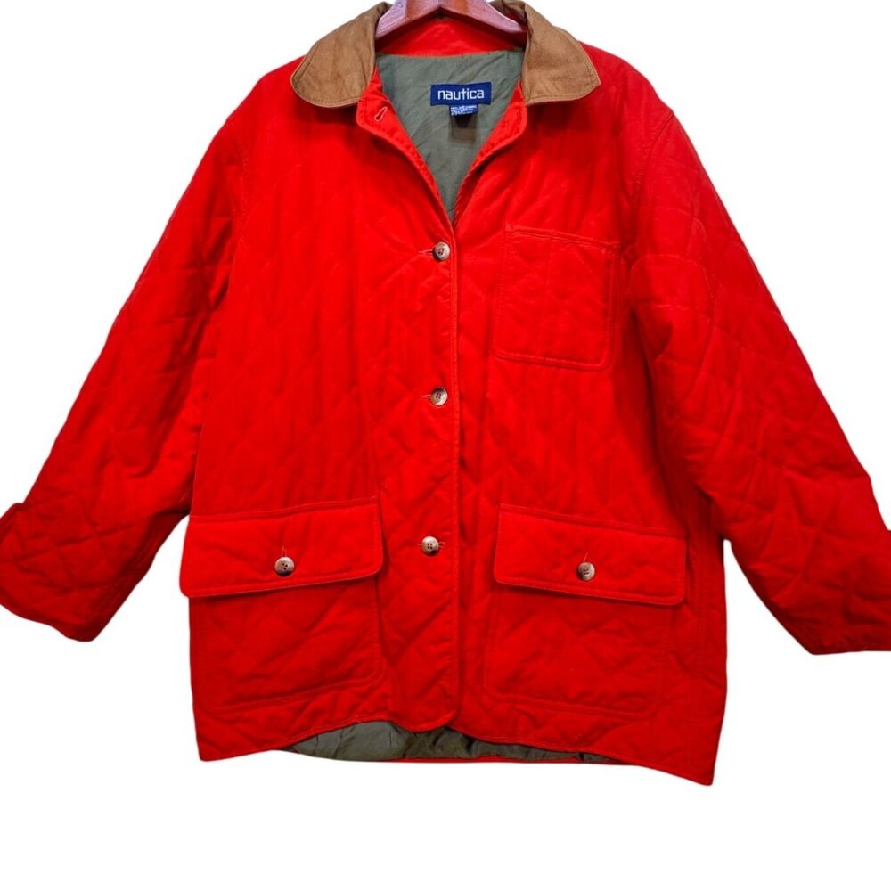 Nautica Womens Quilted Basic Jacket Size L Red Orange Collared Button Up